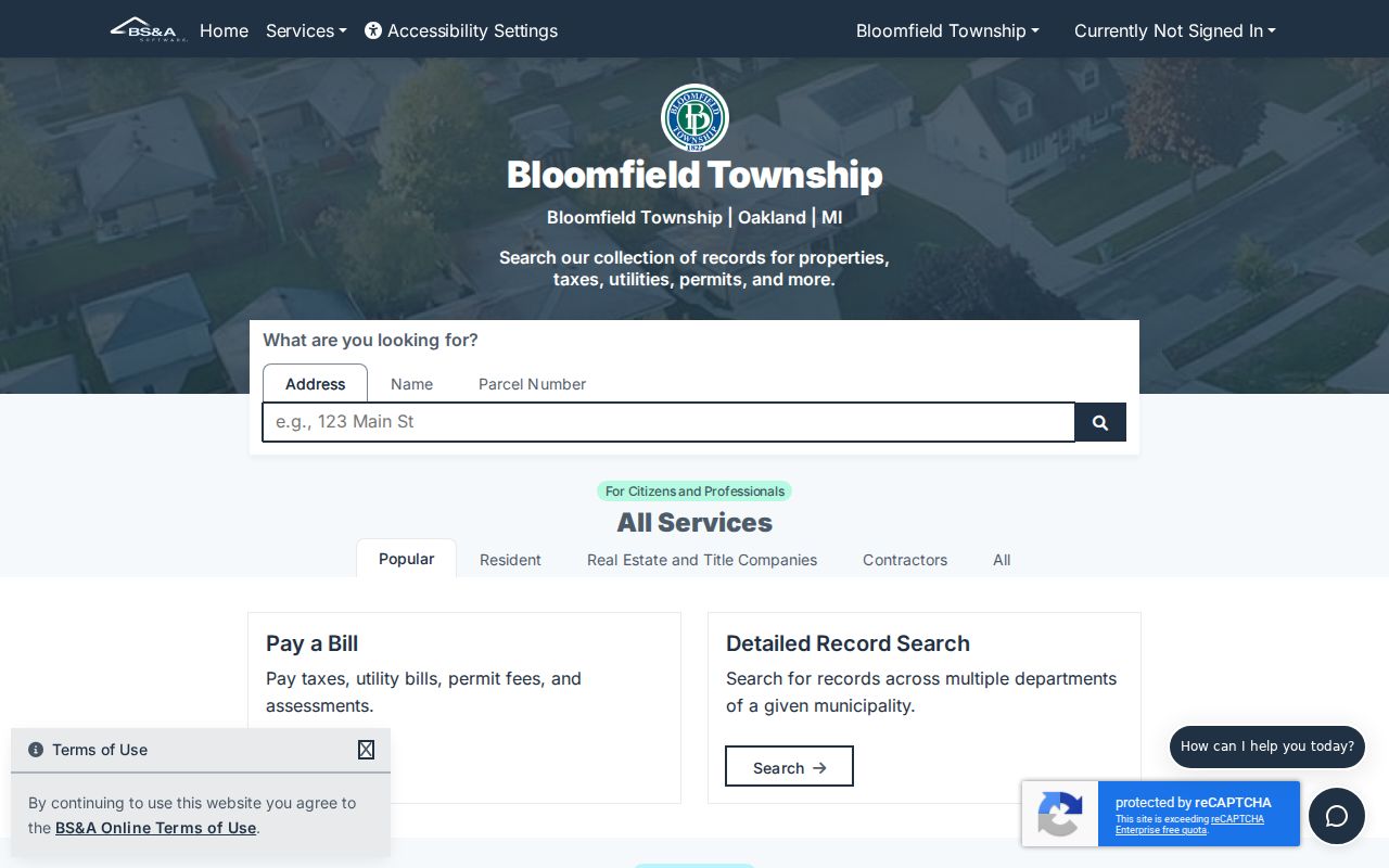 Bloomfield Township residents directory BS&A municipal service hub