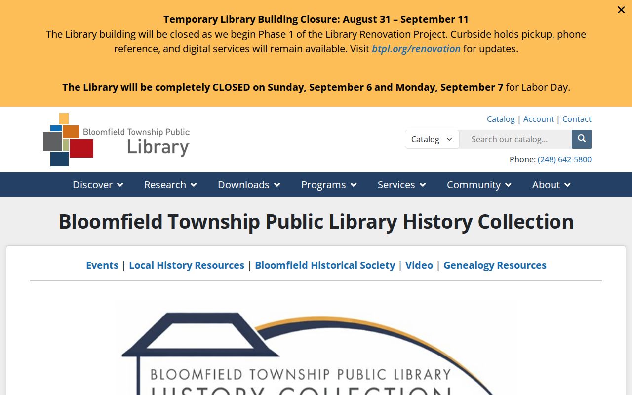 Bloomfield Township residents directory public library history collection