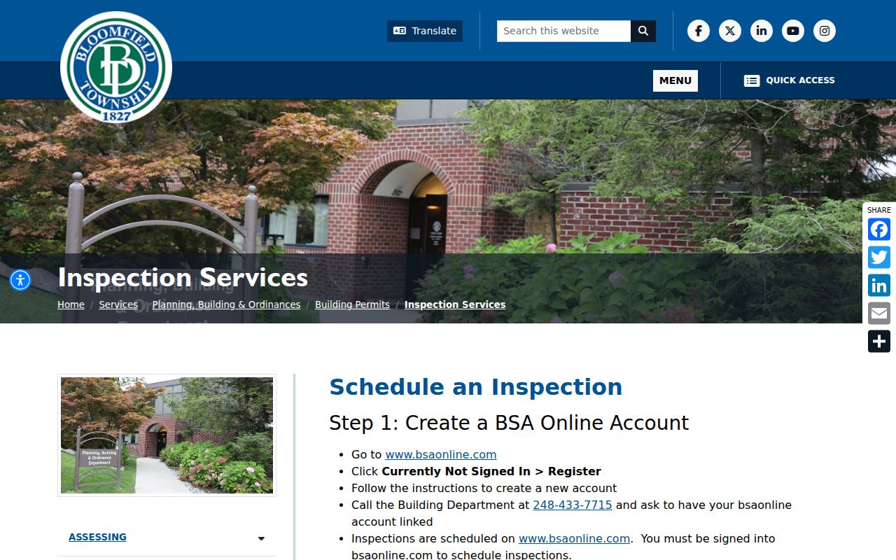 Bloomfield Township street directory building activity and permit instructions