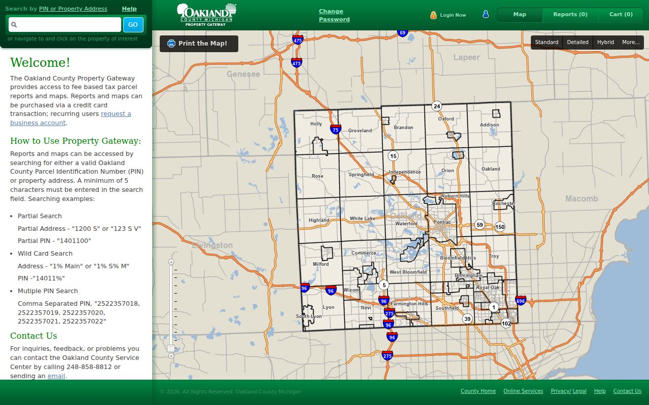 Bloomfield Township street directory Oakland County Property Gateway address and PIN search